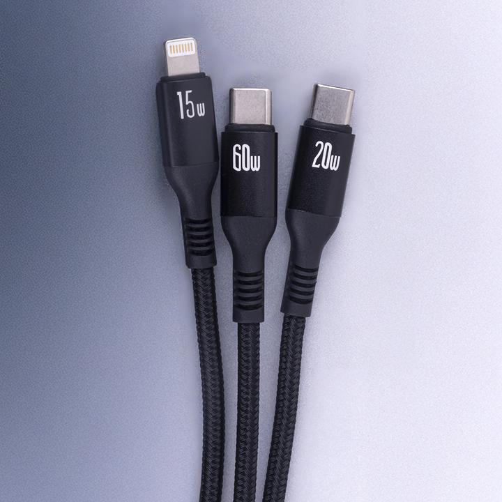 Produktbild Forever 3in1 Kabel USB-C - Lightning + 2x USB-C 1,2 m 60W schwarz (1.20 m, USB 3.2 Gen 1, 60 W)
