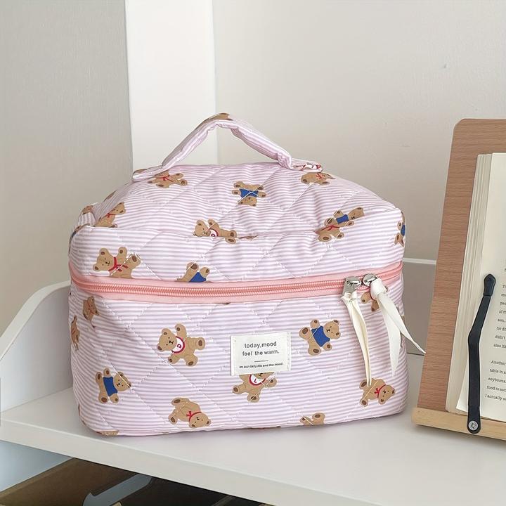 Only-Bags.Store Kuschelige gesteppte Teddybär-Kosmetiktasche - perfekt für Reise oder Schule - weiches