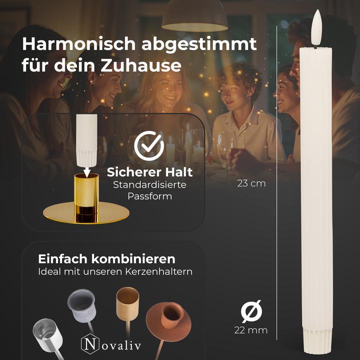 Actual product image Novaliv Stabkerzen LED mit Timer WEISS 4 Stück WEISS indoor - 6 Stunden - ECHTWACHS gerippt 23cm Höhe für (4 x)