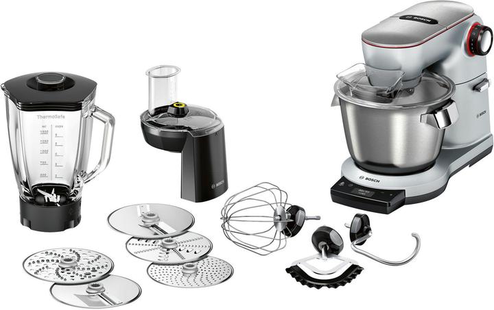 Blender jar, Cutting disk, Grating disc, Stainless steel bowl, Dough hook, Whisk, 1 x Bosch OptiMUM MUM9DT5S41 food processor