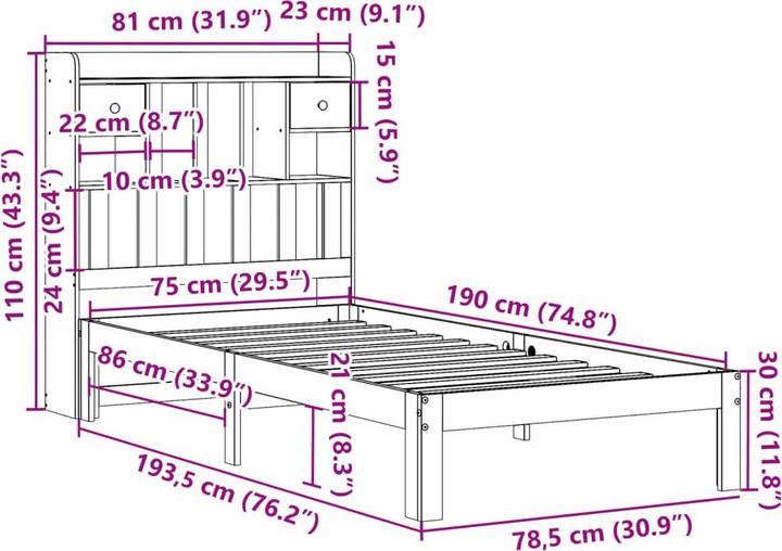 Produktbild vidaXL Bett mit Regal (75 x 190 cm)