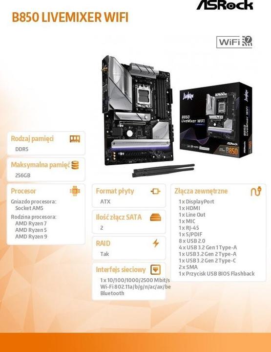 Actual product image AsRock B850 LiveMixer WiFi (AM5, AMD B850, ATX)