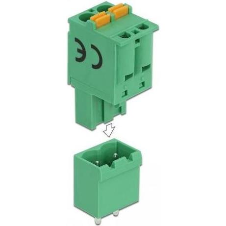 Delock Terminalblock Set für Platine 2 Pin 5,08 mm Rastermass vertikal, Elektronikkabel + Stecker, Grün