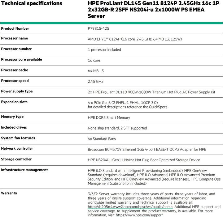 Valeurs nutritives et ingrédients HP HPE ProLiant DL145 Gen11, 2,45 GHz, 8124P, 64 Go, DDR5-SDRAM, 0 Go, Rack (2 U) (64 Go, Serveur en rack)