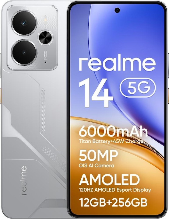 Produktbild realme 14 5G Dual Sim 12GB RAM 256GB - Mecha Silver (256 GB, Mecha Silver, 6.65", 50 Mpx, 5G)