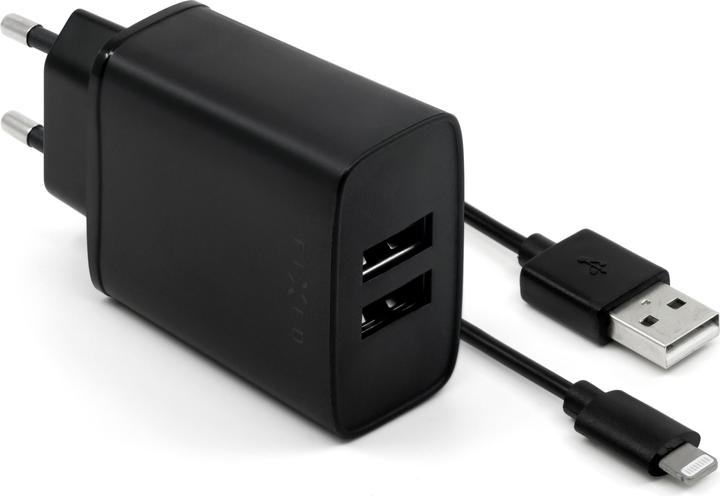Productafbeelding Fixed nabíječka do sítě, konektor 2x USB-A, kabelis USB -> Lightning (MFI) délka 1 m, 15 W, juoda (15 W, 2 ports)