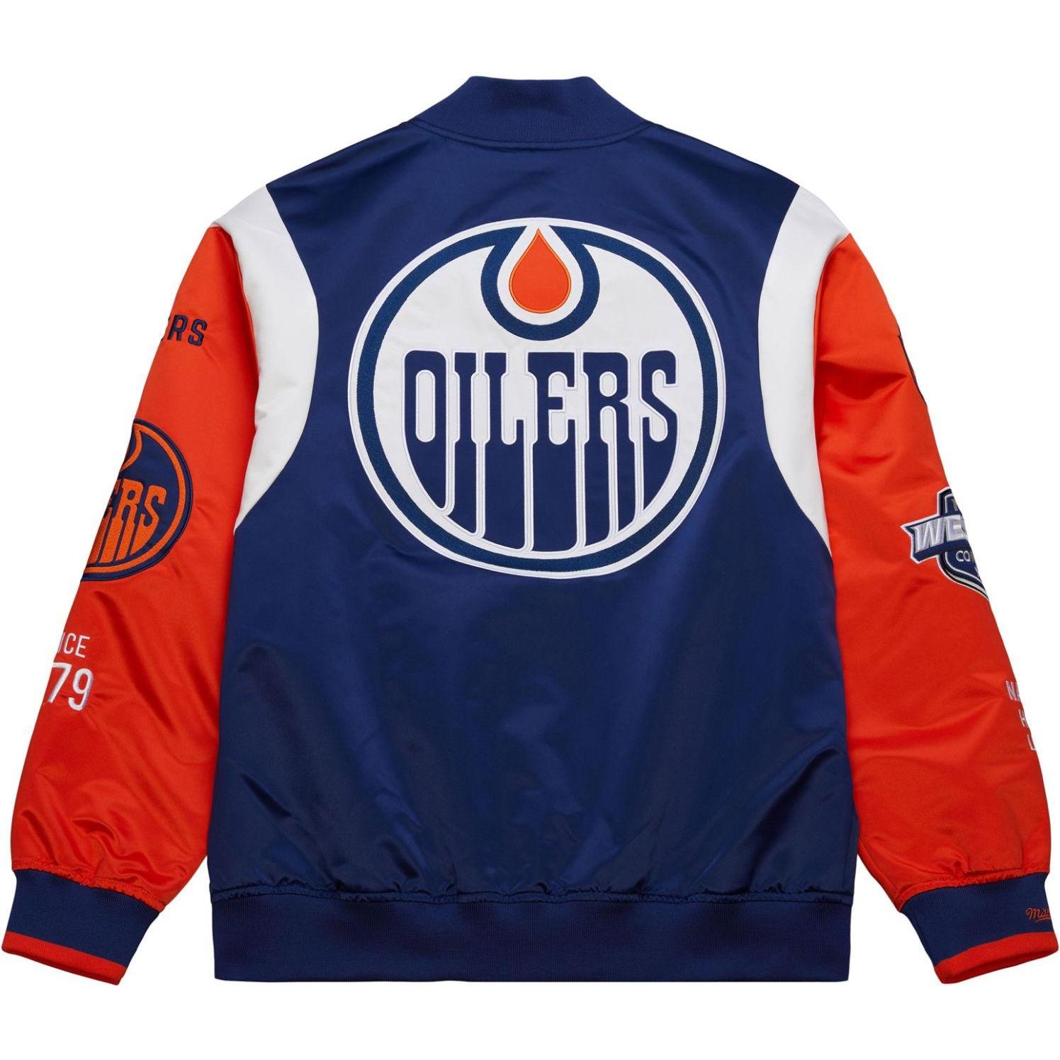 Thumbnail - Mitchell & Ness, Herren, Jacke, M&N Heavyweight Satin Jacket NHL Edmonton Oilers - XXL (XXL), Blau, XXL