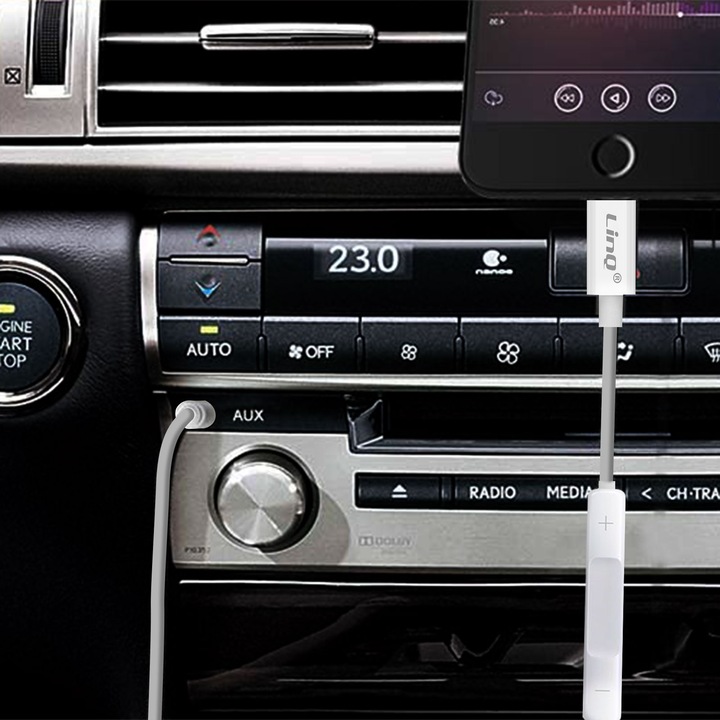 Actual product image LinQ White Lightning to 3.5mm jack audio adapter with remote control (Lightning, 3.5mm jack)
