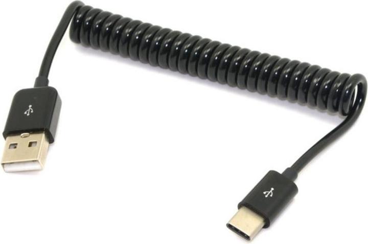 Produktbild Deltalabs Universal USB C auf USB 2.0 (bis 50cm) Spiral Datenkabel / Ladekabel dehnbar - Schwarz (0.50 m, USB 2.0)