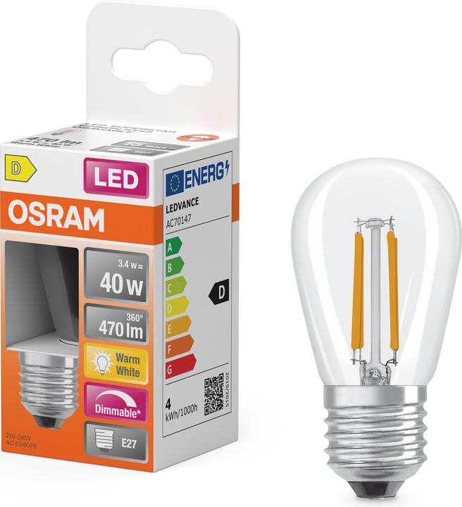 Image du produit Osram LED Leuchtmittel LED Retrofit CLASSIC ST45 3.4W 827 Clear E27 Dimmbar Warm weiss 4099854465192 (E27, 470 lm, 1x)