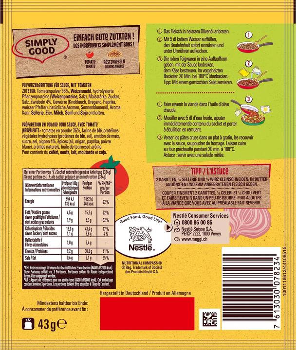 Nährwerte und Zutaten Maggi Mix Pasta Bolognese (43 g)