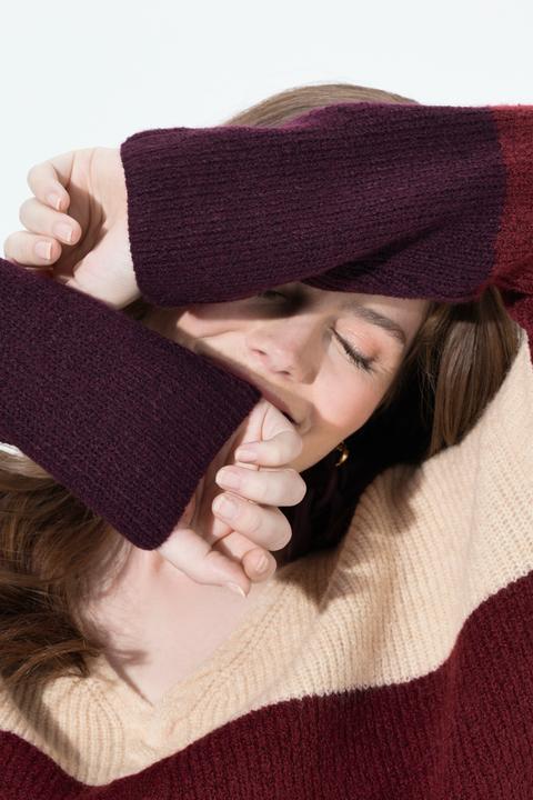 Actual product image Ulla Popken Cable Knit Block Stripe V-Neck Sweater (46, 48)