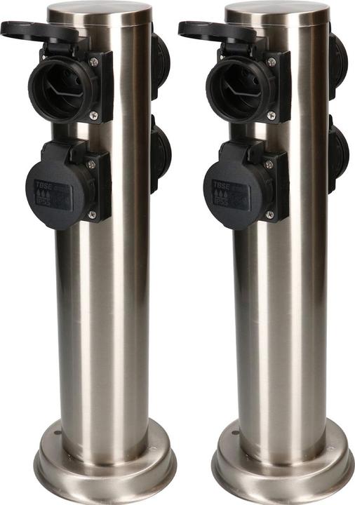 Produktbild Max Hauri 2er-Set Runde GartensteckdosensÃ¤ule mit 4 Steckdosen Typ 13, IP55, schwarz/silber (4 x, Typ 13)