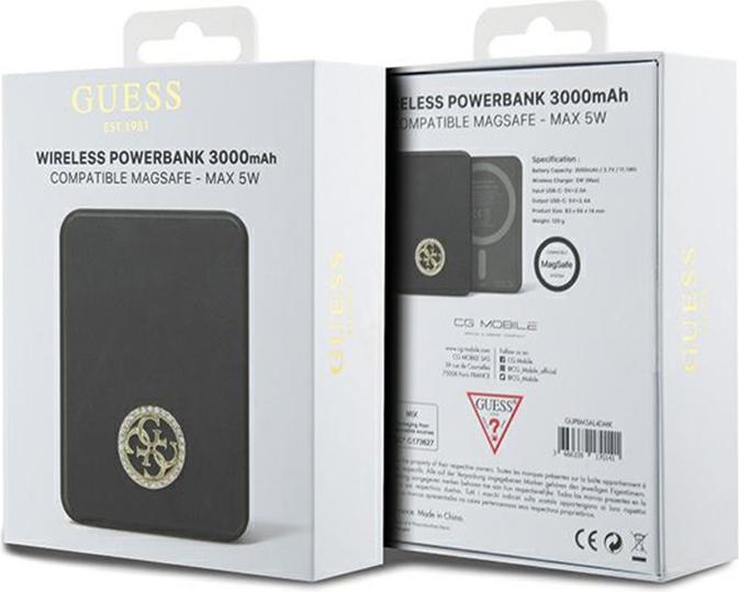 Actual product image Guess Powerbank indukcyjny 5W GUPBM3AL4DMK 3000mAh czarny/black MagSafe 4G Strassed Metal Logo (3000 mAh, 5 W)