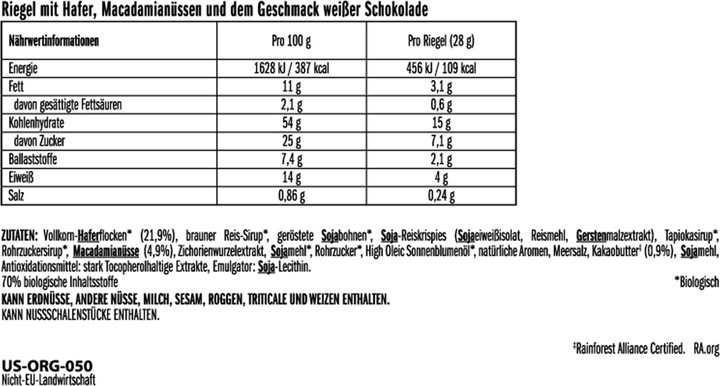 Nährwerte und Zutaten Clif Bar White Chocolate Macademia Nut (Weisse Schokolade, 10 Stk., 28 g)