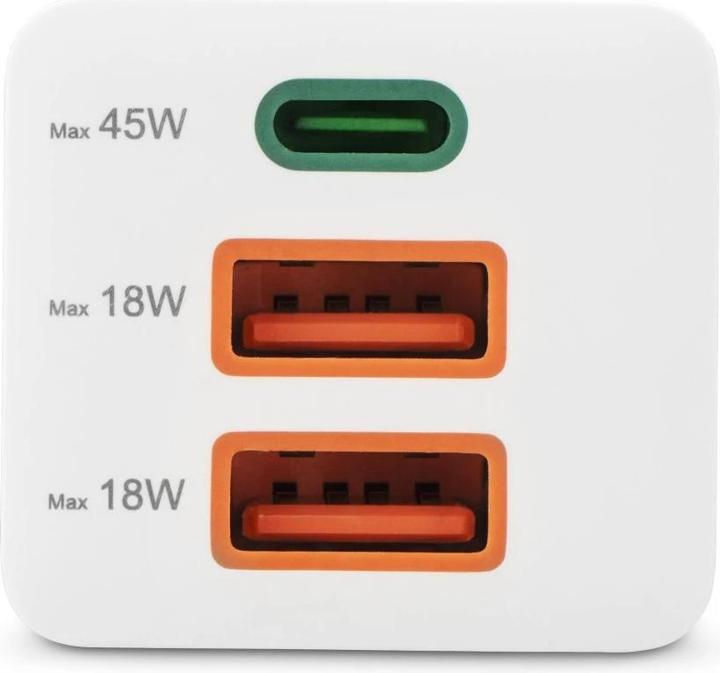 Actual product image Hama Fast charger, GaN, 1x USB-C PD, 2x USB-A QC, mini charger, 45 W, white (45 W, 3 ports)