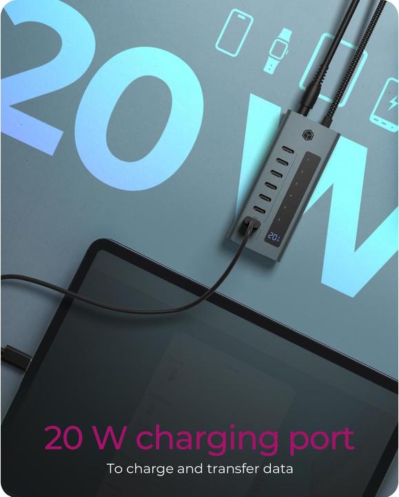 Produktbild Icy Box USB-C Hub mit 20W Ladeanschluss und integriertem Display, IB-HUB1457-C31 (USB-C, 7 Ports)