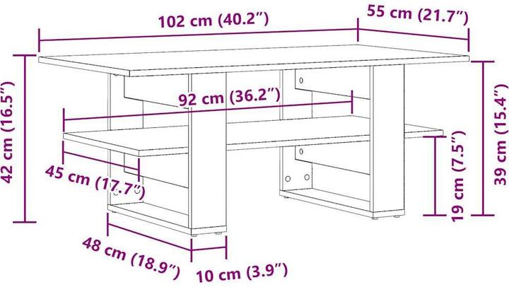 Image du produit vidaXL Table basse chêne Artisan 102x55x42 cm bois composite (102 x 55 x 42 cm)