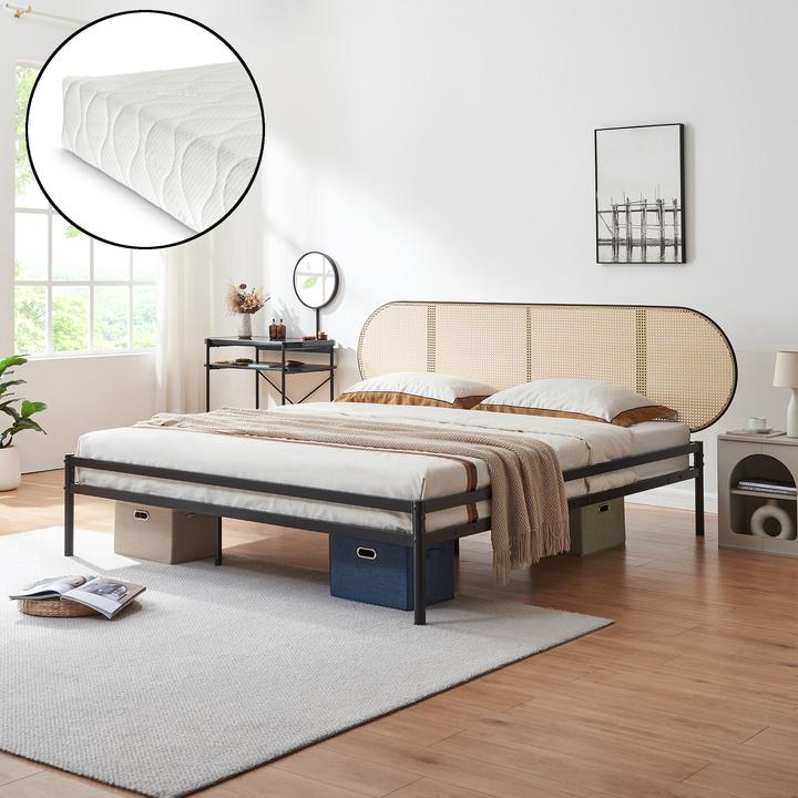 Actual product image En.Casa Metallbett Linköping mit ovalem Kopfteil und Matratze 180x200 cm Schwarz/Rattanoptik (200 x 200 cm)