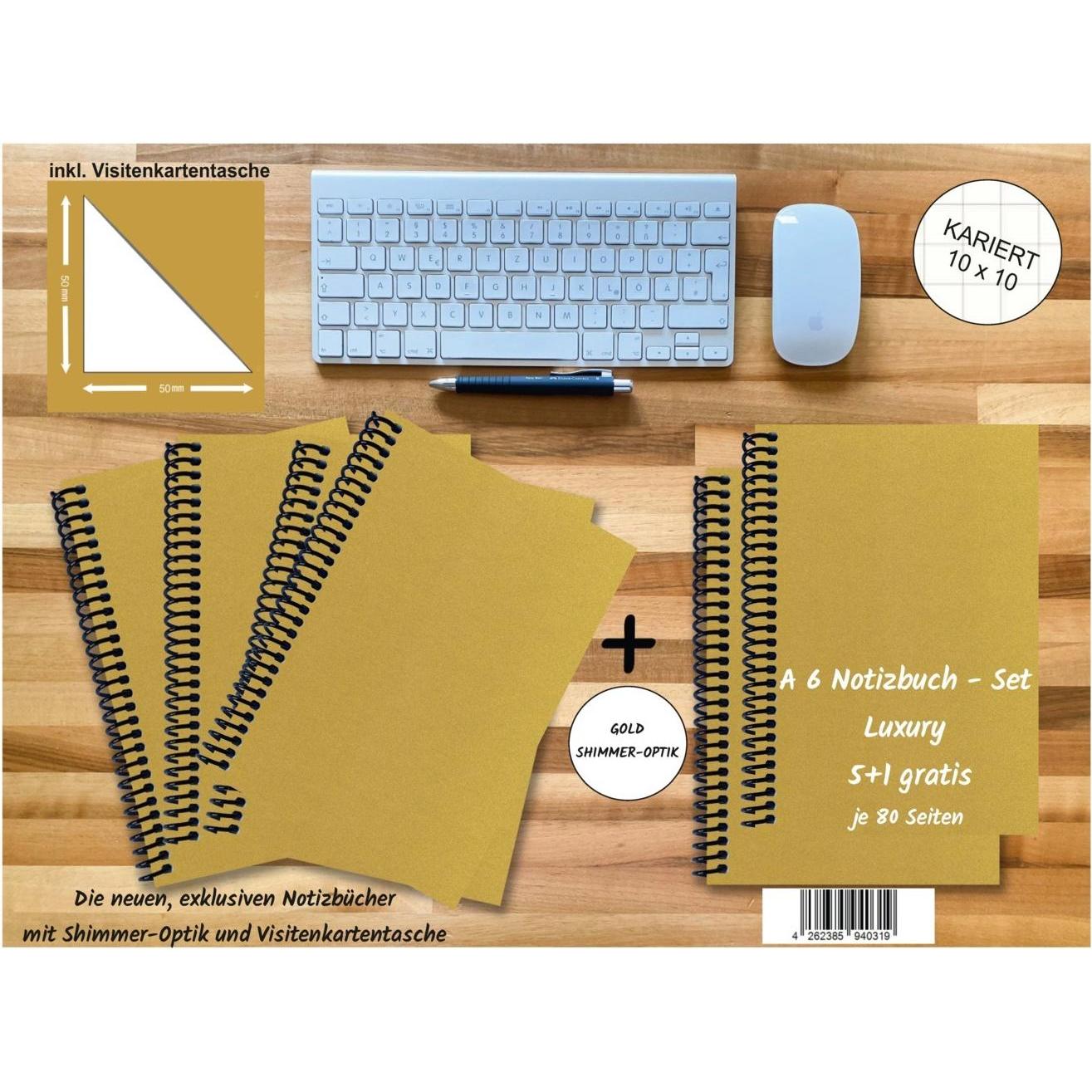 Thumbnail - E & Z, Heft + Block, A 6 Notizbuch - Set, 4+2 gratis, Luxury 80 Seiten GOLD GMUND SHIMMER, kariert 10x10mm (A6, Kariert)