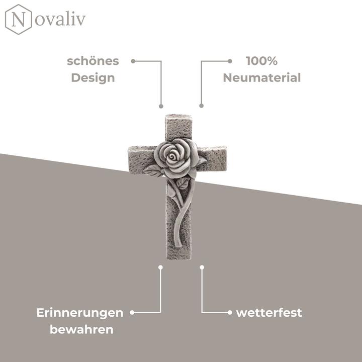 Produktbild Novaliv Grabschmuck Kreuz mit Rose Klein Grabdekoration wetterfest Grabfigueren Kreuz für Friedhof