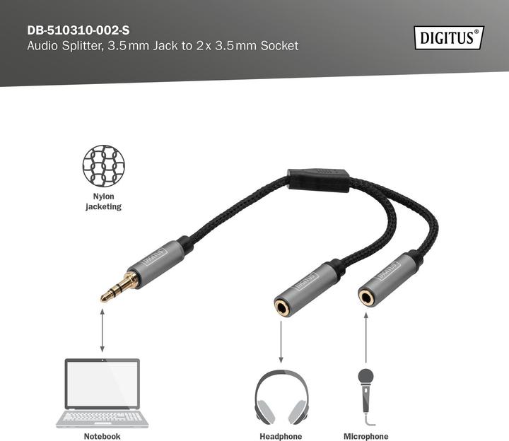 Immagine prodotto Digitus Sdoppiatore audio, jack da 3,5 mm a 2x jack da 3,5 mm (0.20 m)