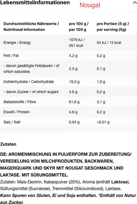 Nährwerte und Zutaten Inlead Flavor Powder - diverse Sorten - 250g (Nougat, 2 Stk., 250 g)