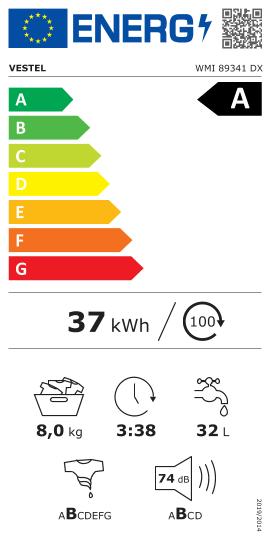 Energie-Label Vestel Waschmaschine WMI89341DX 8kg/1400Umin bk A (Speditionsversand) (8 kg, Links)