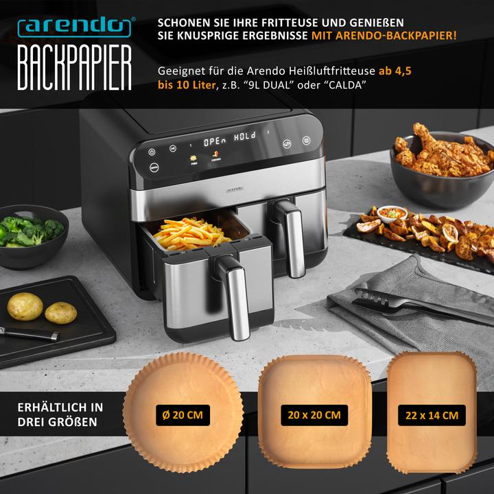 Produktbild Arendo Backpapier für Heissluftfritteuse 4,5-10 L, 100 St., 22x14x4,5 cm, Antihaft, für Airfryer, Ofen usw.