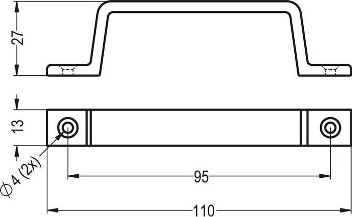 Actual product image Hermeta Handle 420 Projection 27 mm Length 110 mm Width 13 mm Aluminium silver anodised Number of l...