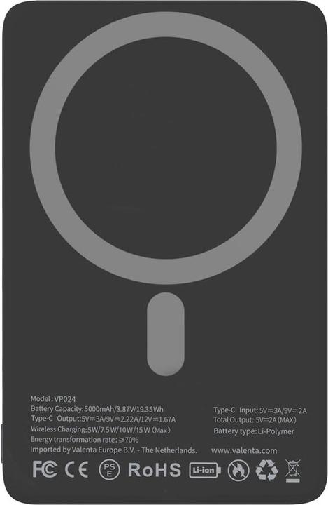 Image du produit Valenta Powerbank MagSafe Ultra Slim, Grau 5000 mAh (5000 mAh, 15 W, 19.35 Wh)