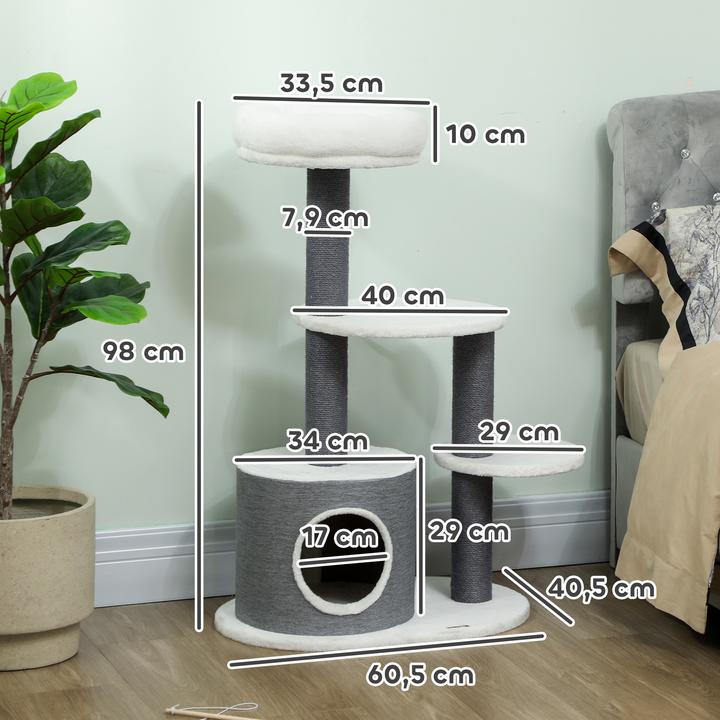 Produktbild PawHut Kratzbaum Spanplatte, Plüsch Grau (98 cm, Grau, Weiss)