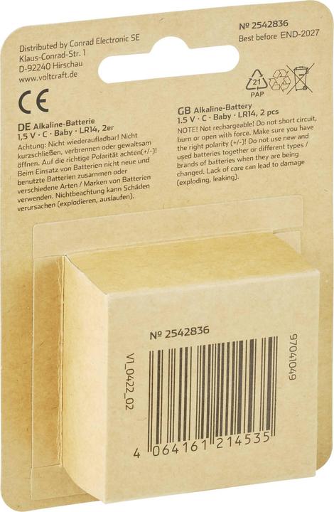 Actual product image Voltcraft LR14 Baby (C) battery Alkaline manganese 7500 mAh 1.5 V 2 pcs. (2 pcs., C, 7500 mAh)