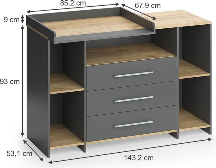 Produktbild Vicco Wickelkommode Oskar, Anthrazit/Goldkraft Eiche, 143.2 x 93 cm mit 3 Schubladen