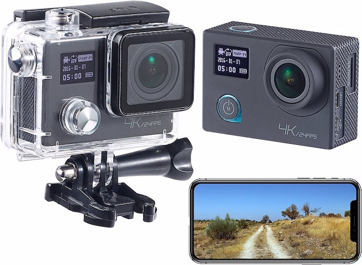 Produktbild Somikon 4K-Action-Cam für UHD-Videos mit 2 Displays (24p, 4K, WLAN)