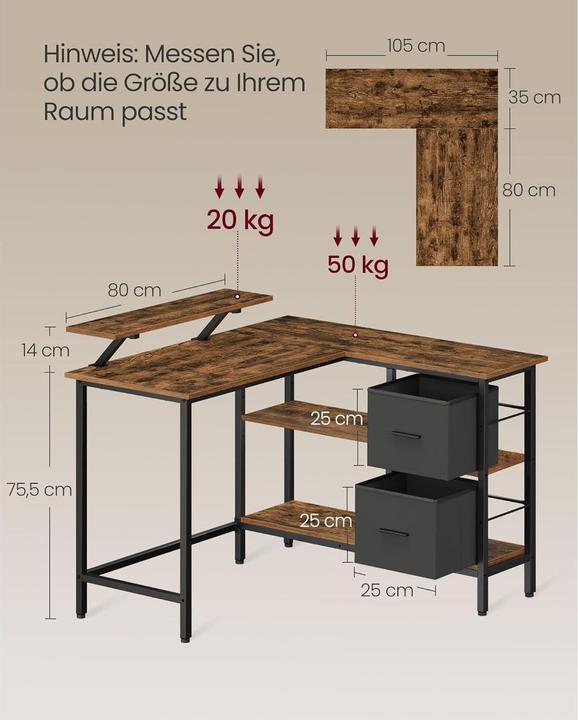 Actual product image Songmics L-Schreibtisch mit Schubladen vintage braun (105 x 115 x 89.50 cm)