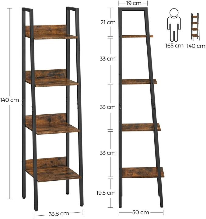 Produktbild Vasagle Regal mit 4 Ebenen Schwarz/Braun (33.80 x 30 x 140 cm)