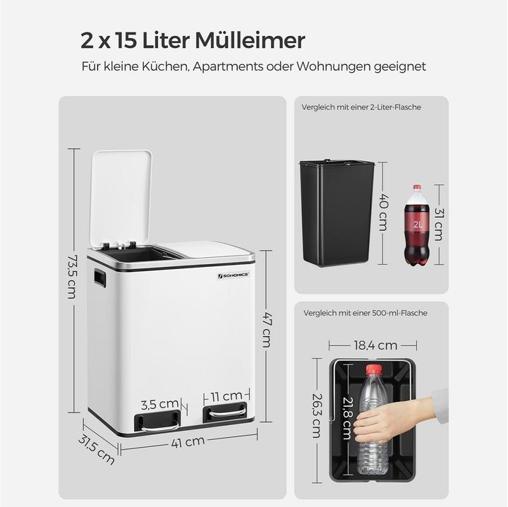 Produktbild Songmics Abfalleimer mit Inneneimern und Griffen 2 x 15 l, Weiss (15 l)