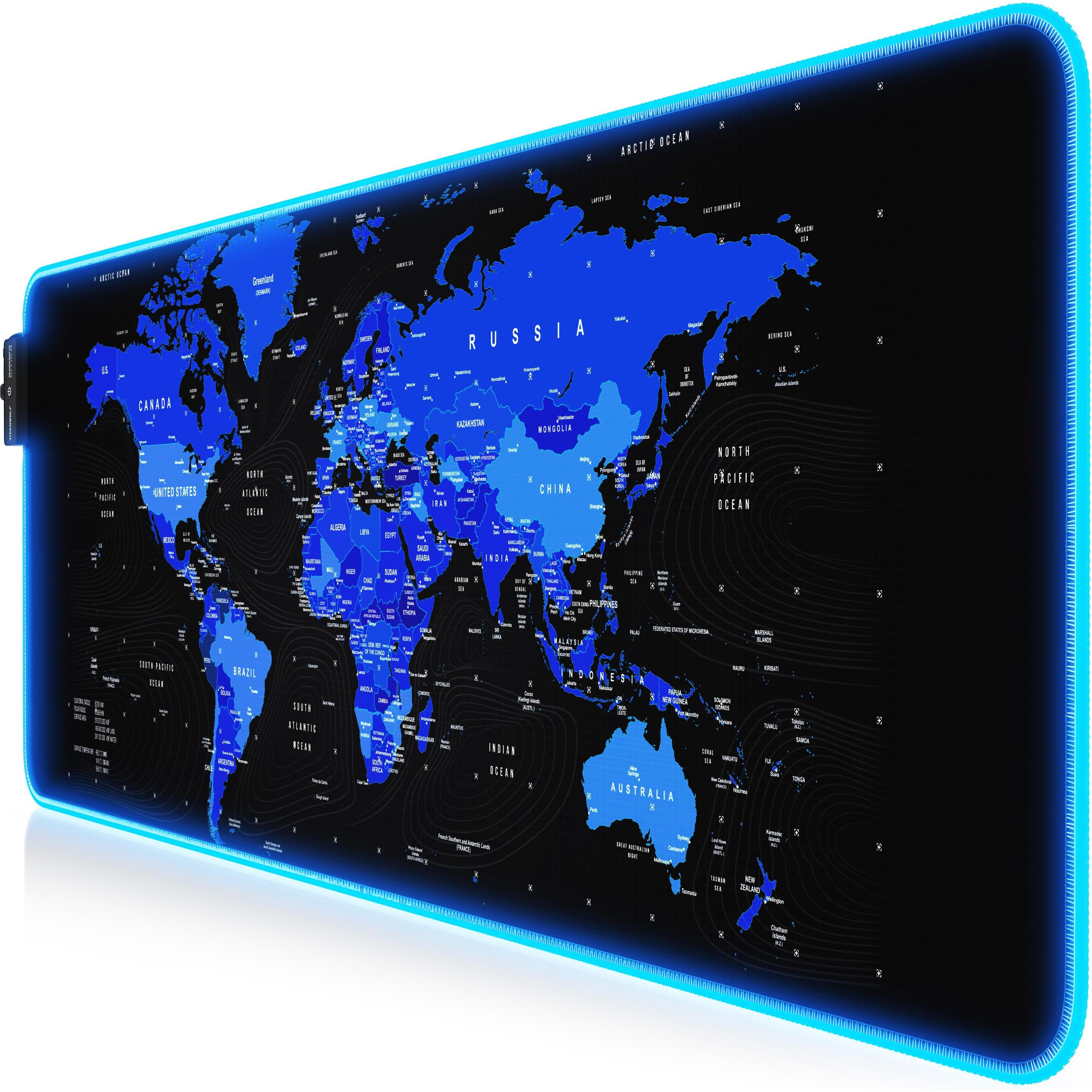 Titanwolf RGB Gaming Mauspad, Mausmatte XL 800 x 300mm verbessert Präzision & Geschwindigkeit, Weltkarte blau, Mausmatte...