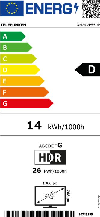 Energie-Label Telefunken Fernseher 24 Zoll Smart TV VIDAA XH24VP550M HD Fernseher HDR TV mit Triple-Tuner (24", LED, HD, 2025)