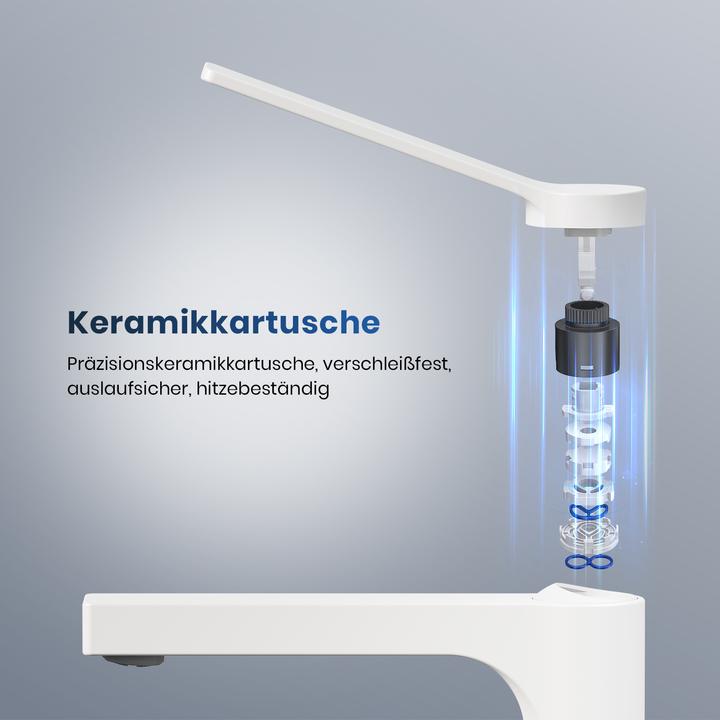 Produktbild Emke Badarmatur, weiß, Mischbatterie Waschbecken, Messing, mit Perlator, Keramikkartusche, einfach zu bed