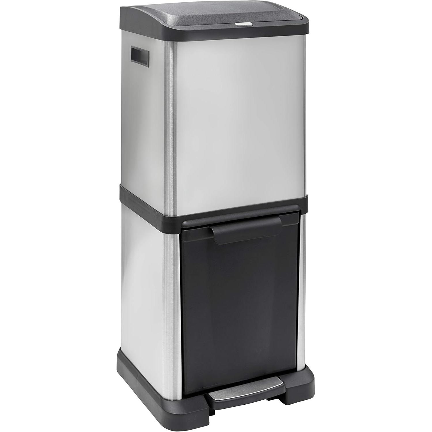 Arregui Vertikale Müll- und Recyclingtonne mit Pedalen und Knopföffnung, zwei Fächern, Vuilnisbak, Zilver