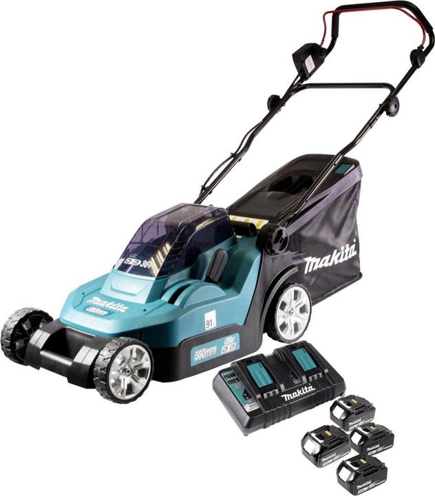 Actual product image Makita DLM 432 PF4 Battery Lawn Mower 36 V ( 2x 18 V ) 43 cm Brushless + 4x Battery 3.0 Ah + Double (Rechargeable battery operated)