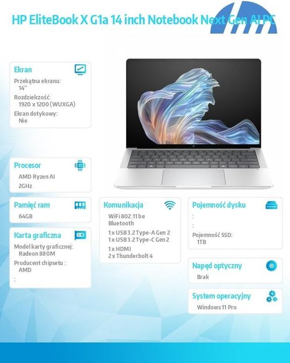 Actual product image HP EliteBook X G1a 14 inch Notebook Next Gen AI PC (14", 1000 GB, 64 GB, DE, AMD Ryzen AI 7 PRO 350)