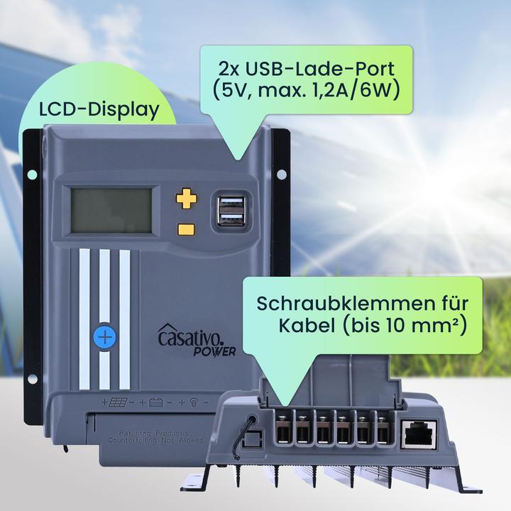 Actual product image Casativo Set of 2 MPPT solar charge controllers for 12/24V battery, 20A, incl. 2 USB-A ports, LCD display