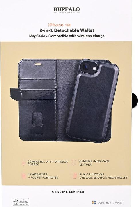 Actual product image Buffalo 2in1 Leather 3 card MagSeries iPhone 16e Black (Apple iPhone 16e, Apple iPhone 17e)