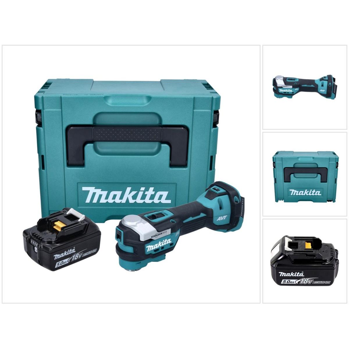 Makita, Multifunktionswerkzeug, DTM 52 T1J Akku Multifunktionswerkzeug 18 V Starlock Max Brushless + 1x Akku 5,0 Ah + Ma...