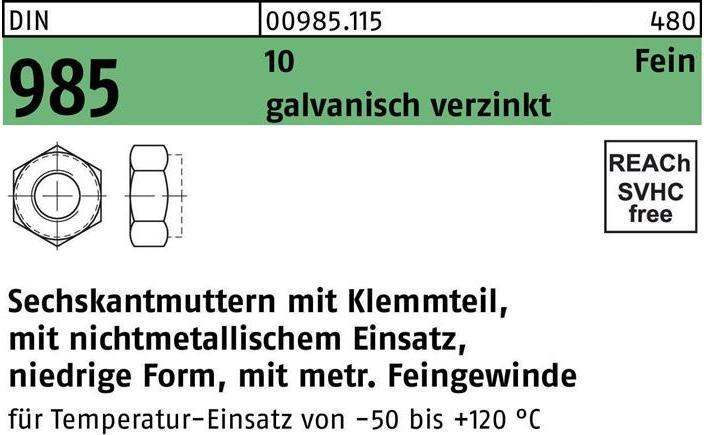 Produktbild Sechskantmutter DIN 985 m.Klemmteil M 14 x 1,5 10 galvanisch verzinkt