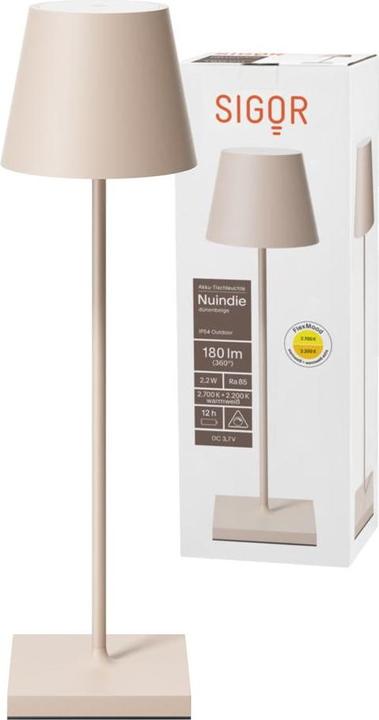 Actual product image Sigor Rechargeable table lamp Nuindie USB-C 38cm dune beige 2.2W FlexMood 2200K/2700K IP54 Ra85 dimmable (98.50 lm)