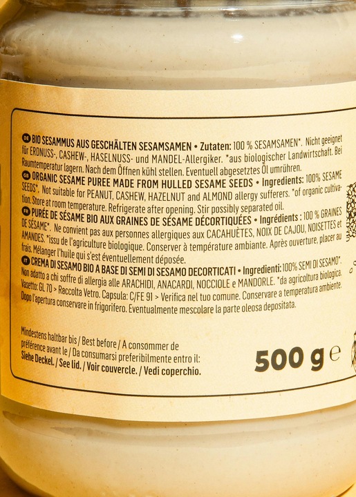 Nutritional values and ingredients KoRo Organic sesame butter made from hulled sesame seeds (500 g)